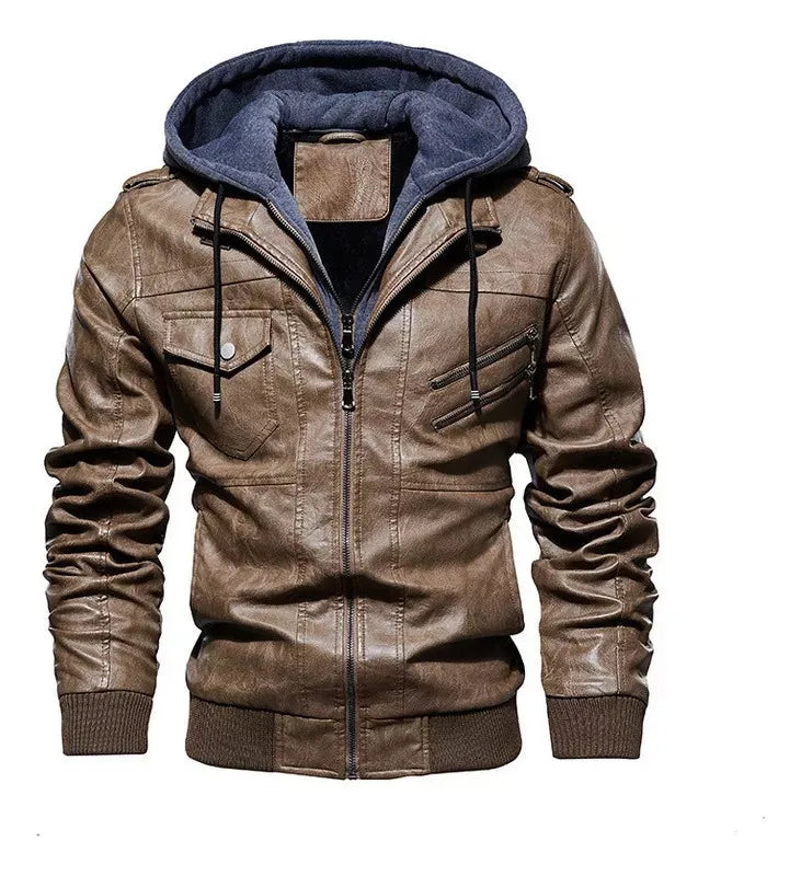 Jaqueta de Couro Masculina Premium com Capuz Removível