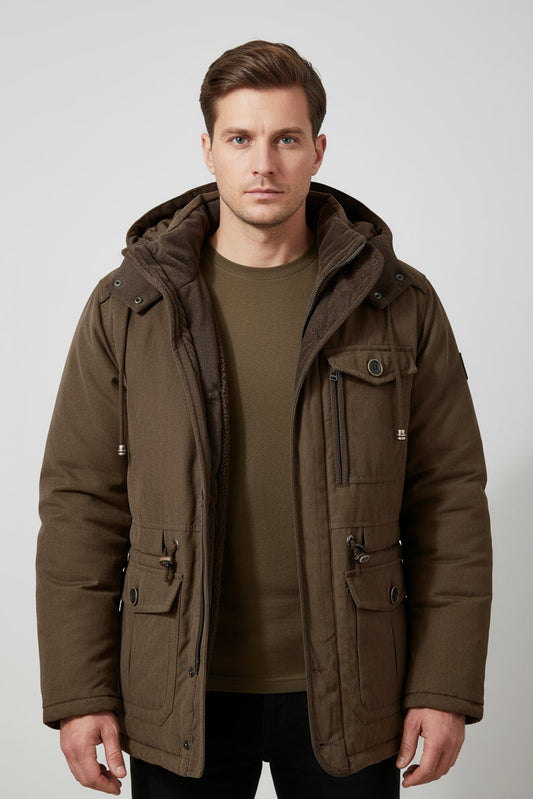 Jaqueta Masculina Tática com Capuz Forro Fleece e Bolsos