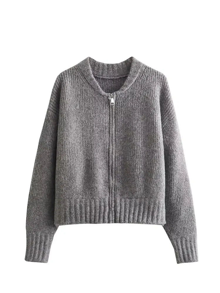 Casaco Feminino Vintage de Malha com Zíper e Gola Redonda - (Promoção de Inverno 2026)